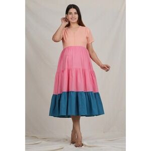 Women's Cotton Nursing Maxi Dress Colorblock Tiered Peach Pink Teal S 36